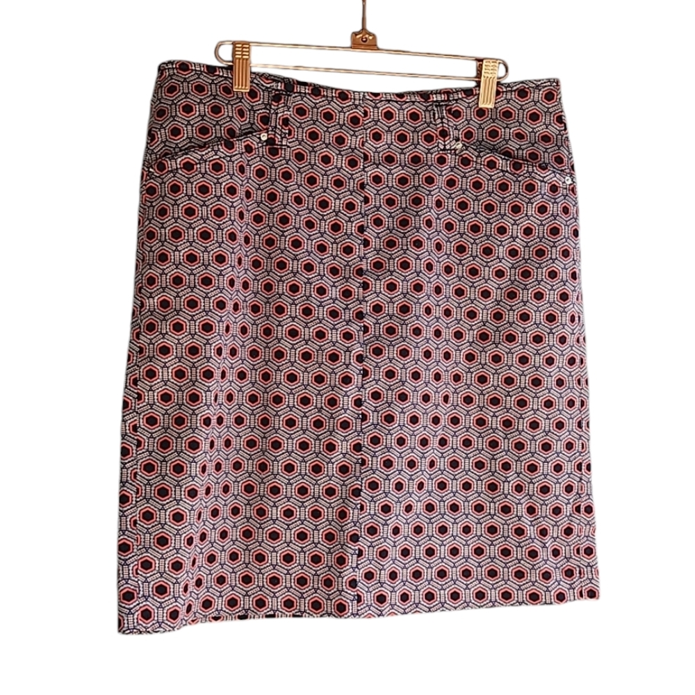 Ellen Tracy Geometric Print Shift Skirt Sz 8 Pink Blue Zipper Pockets Cotton